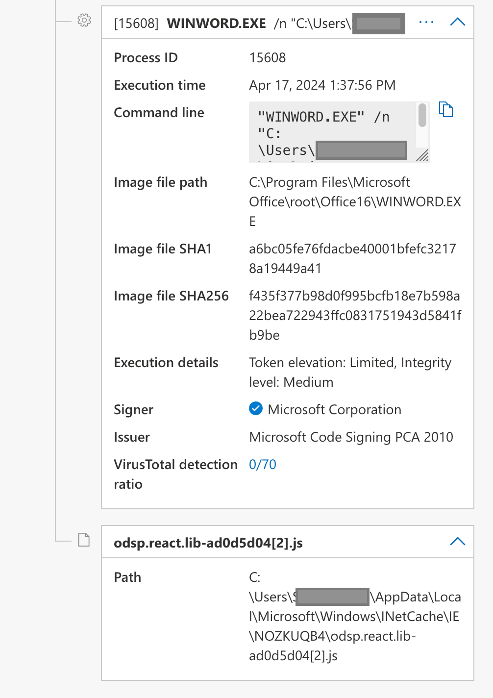 a process tree in Defender for Endpoint, showing WINWORD.EXE writing a Javascript File