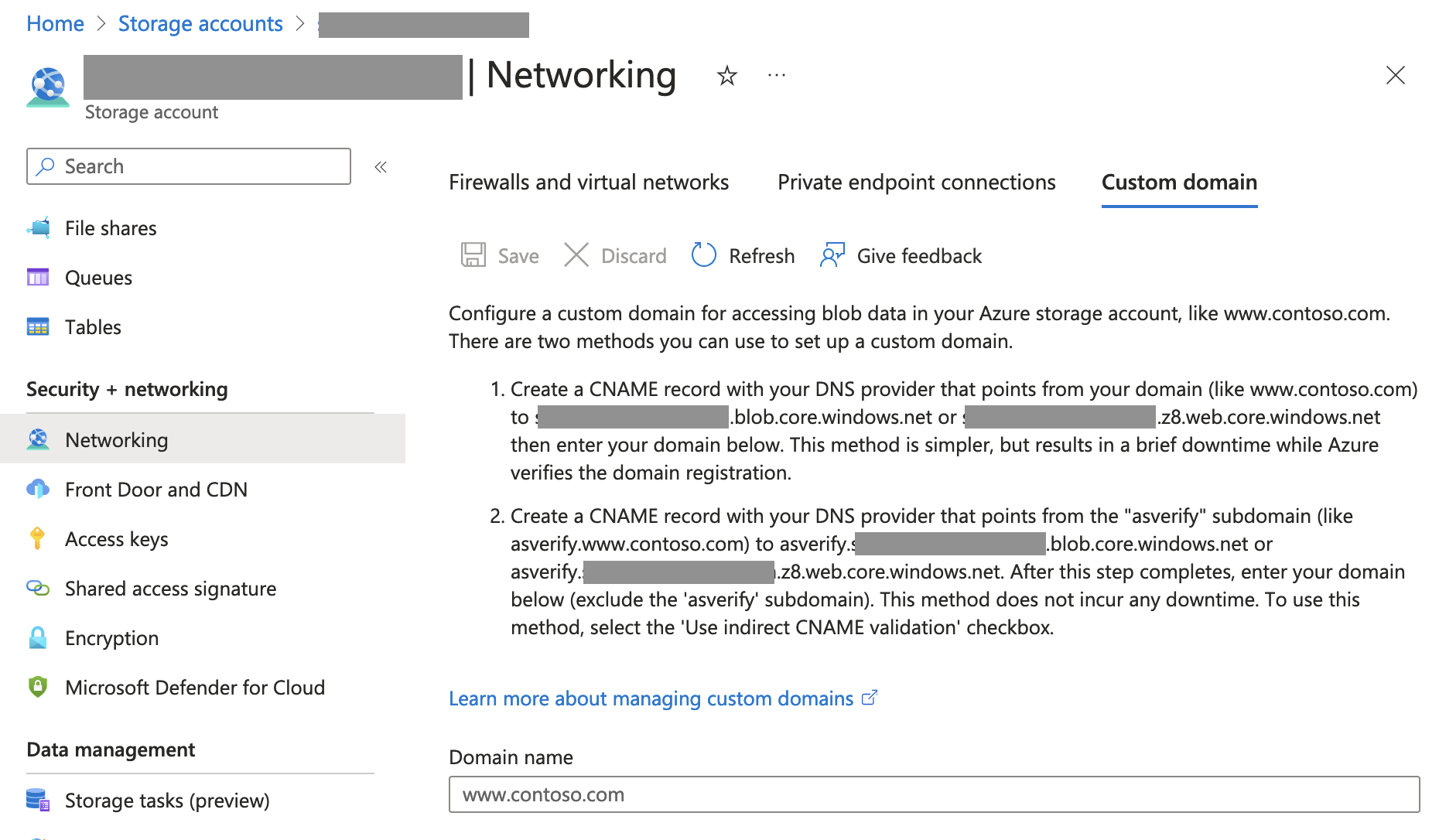 A screenshot of the Azure portal, showing how to create a custom domain for a Storage account