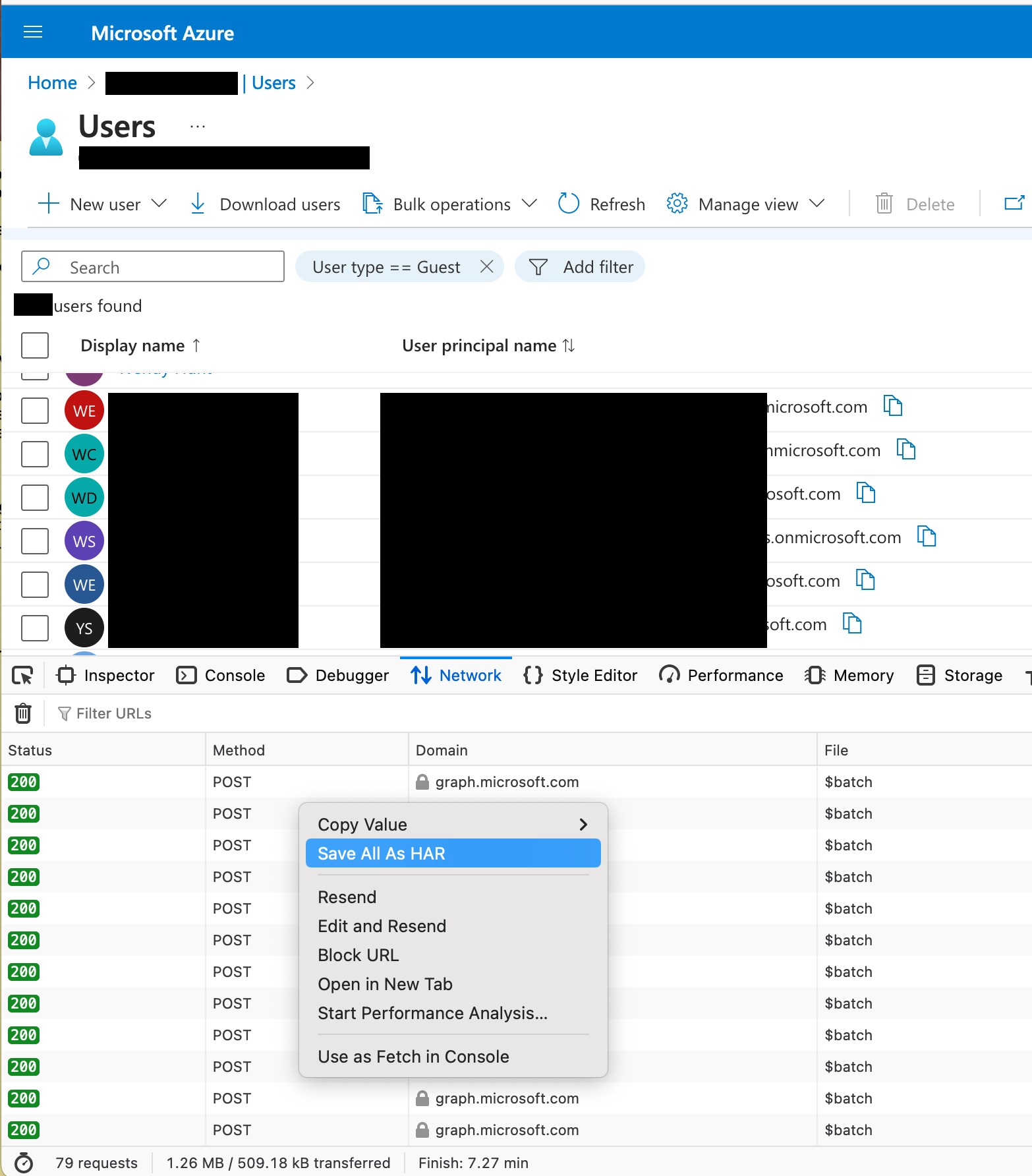 A screenshot of the Azure portal, showing users, with the Web Developer Tools open