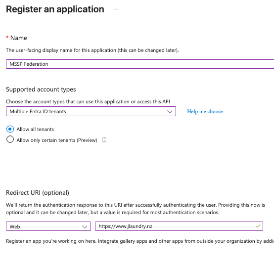 A screenshot showing the Entra App Registration page