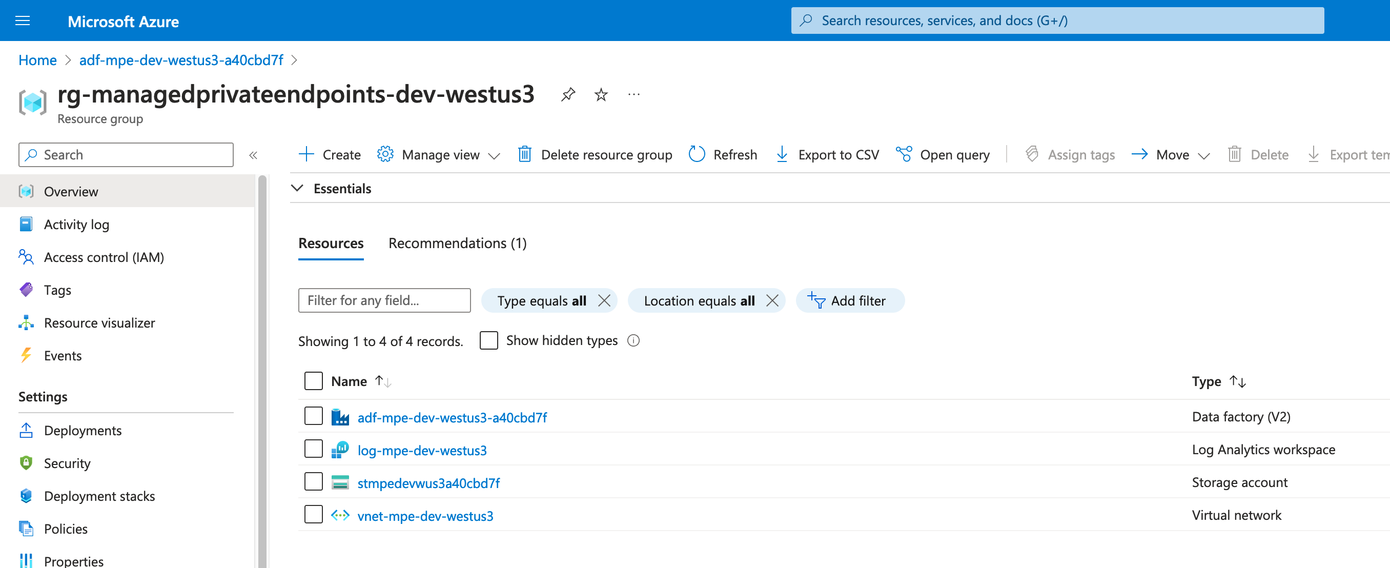 Azure Portal, showing the same ADF instance deployed, but no trace of a Private Endpoint